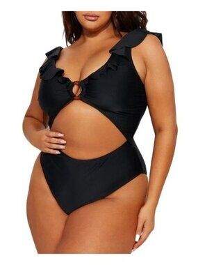 Pretty Little Thing Plus Size 22 Swimsuit Cutout Frill Edge Ring Detail Black